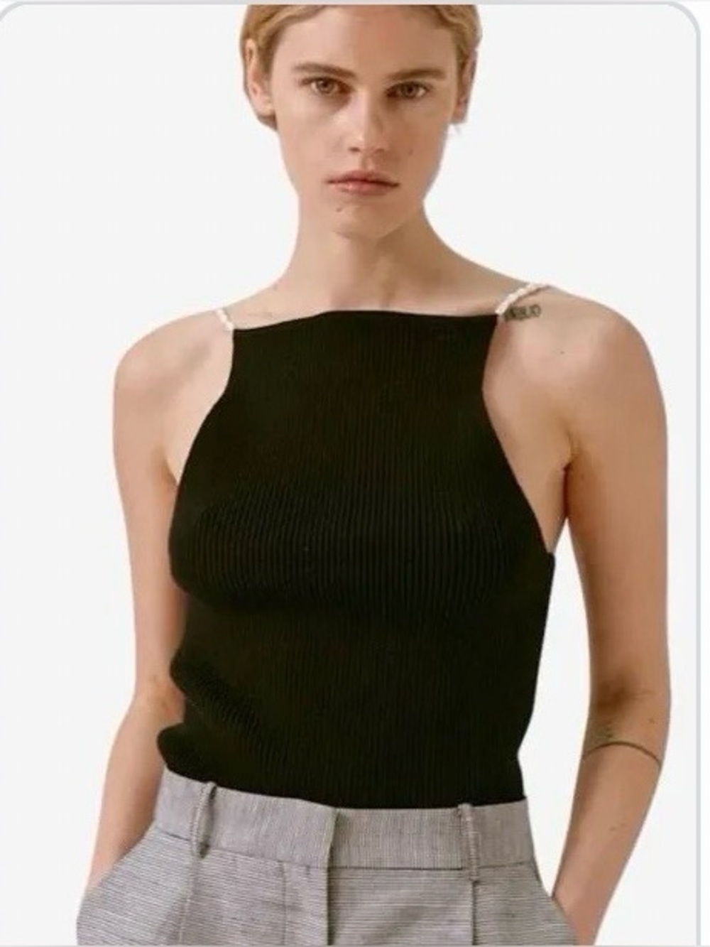 Musier Paris Black Ribbed Halter Crop Top with White Beaded Straps
